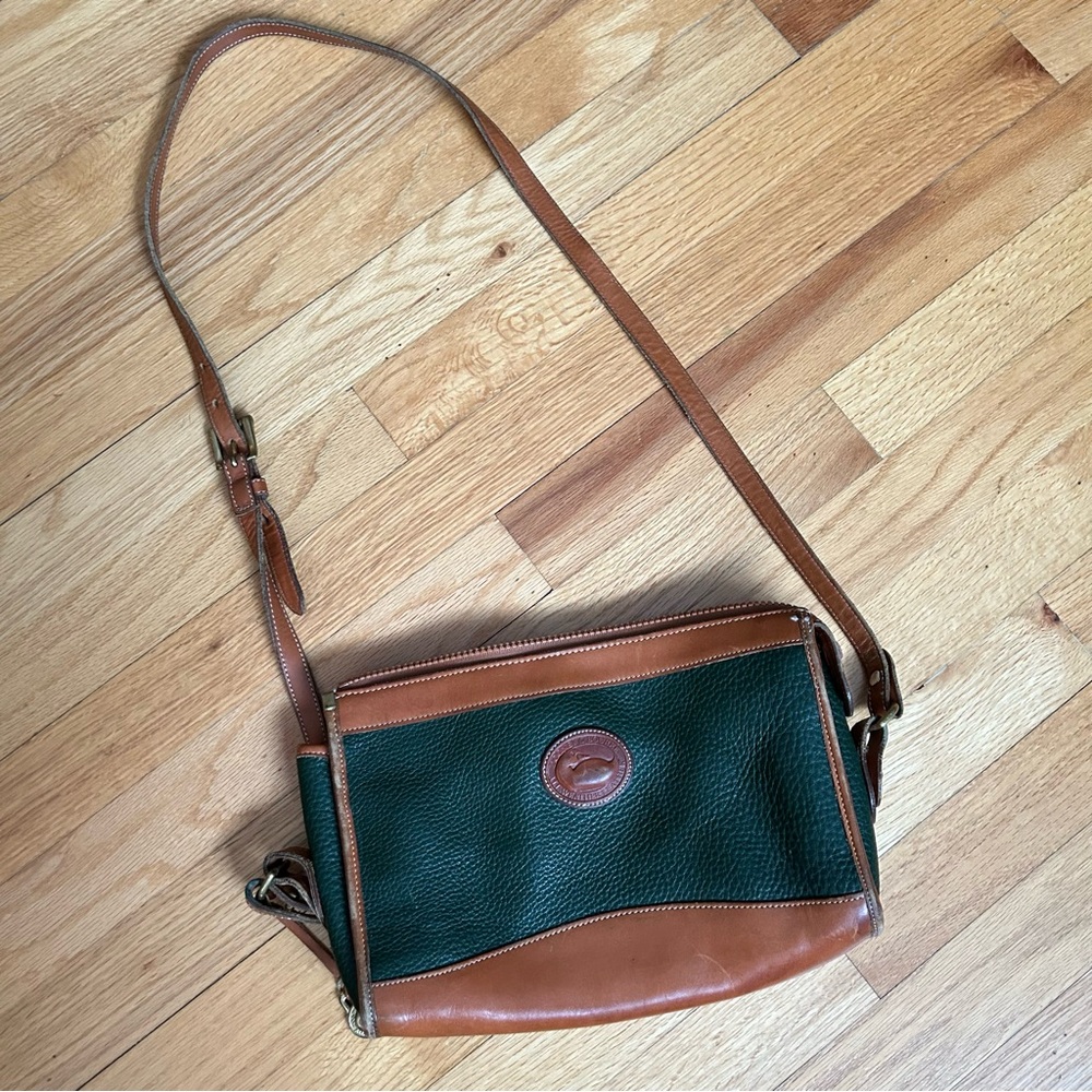 Dooney and Bourke Vintage Leather Crossbody Shoulder Bag Hunter Green and Tan
